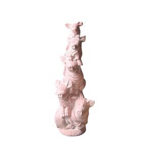 Hand Painted Light Pink Ceramic Tower or Totem of 5 Pigs Figurine